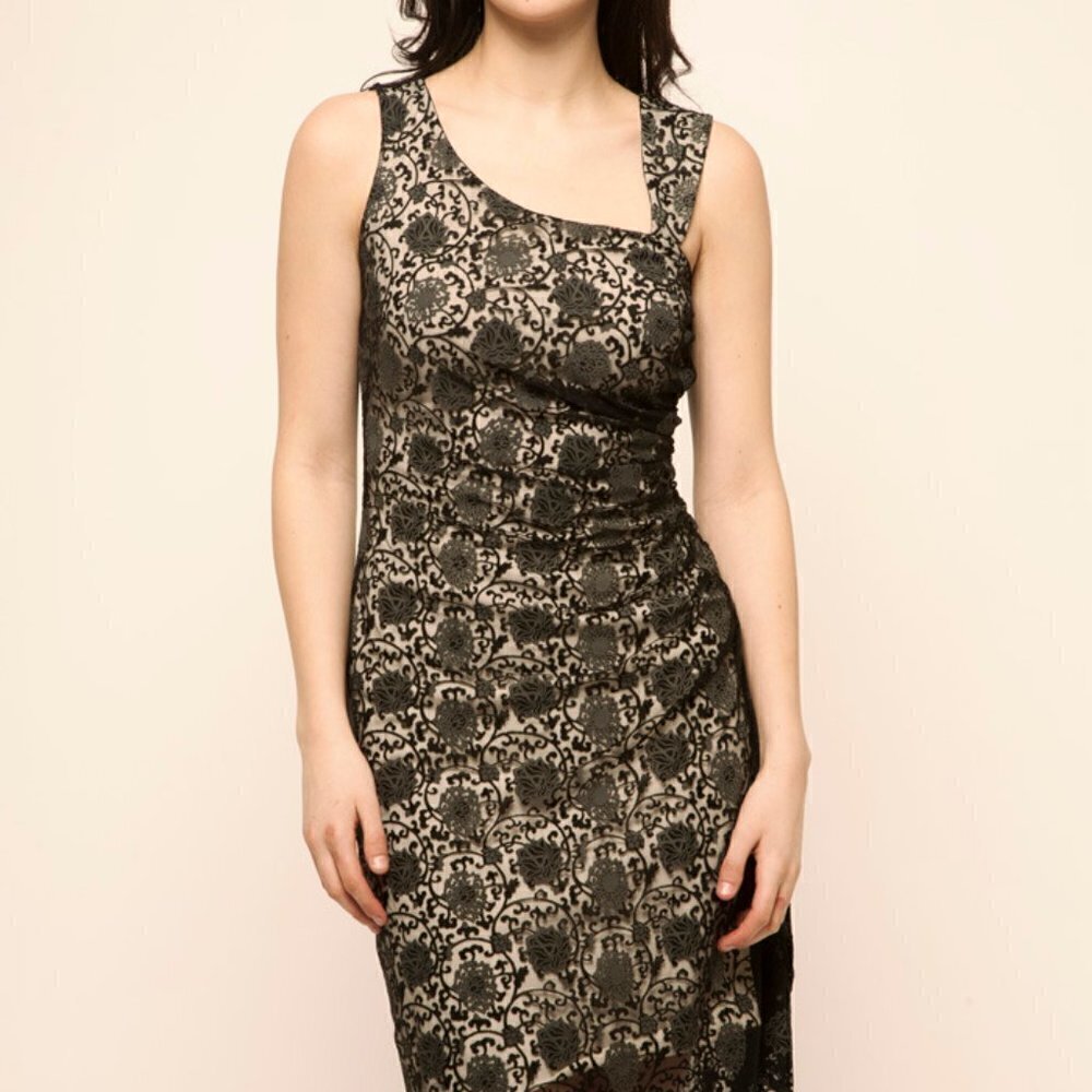 Elana Kattan black lace dress tank body con asymmetric neckline Small